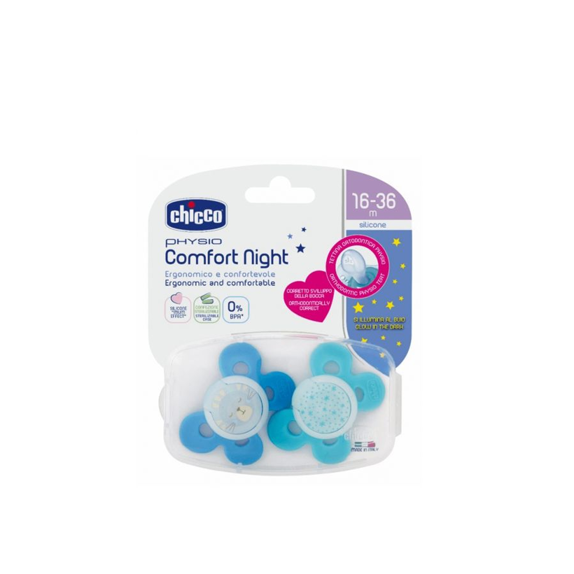 Chicco Physio Comfort Night Silicone Pacifier Boy 16-36m 2x