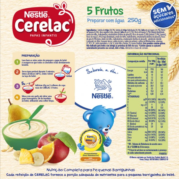 Cerelac Papa Infantil Lactea 5 Frutos 6 Meses Emb 250 Gr Go Farma