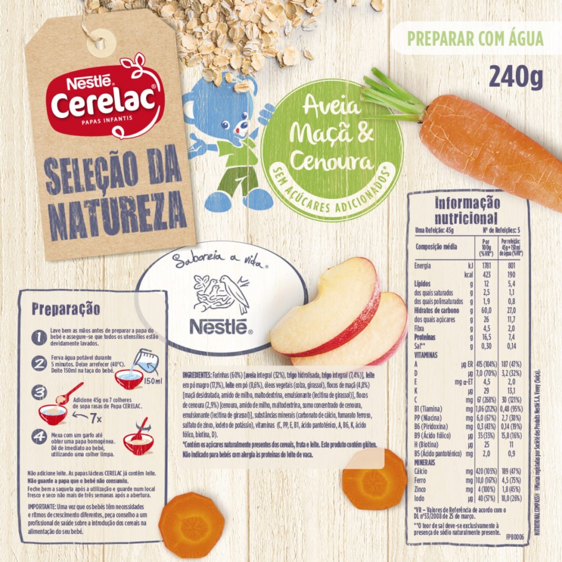 Cerelac Sélection de la Nature Porridge Infantile Lacté Avoine Pomme Carotte +6 Mois 240g