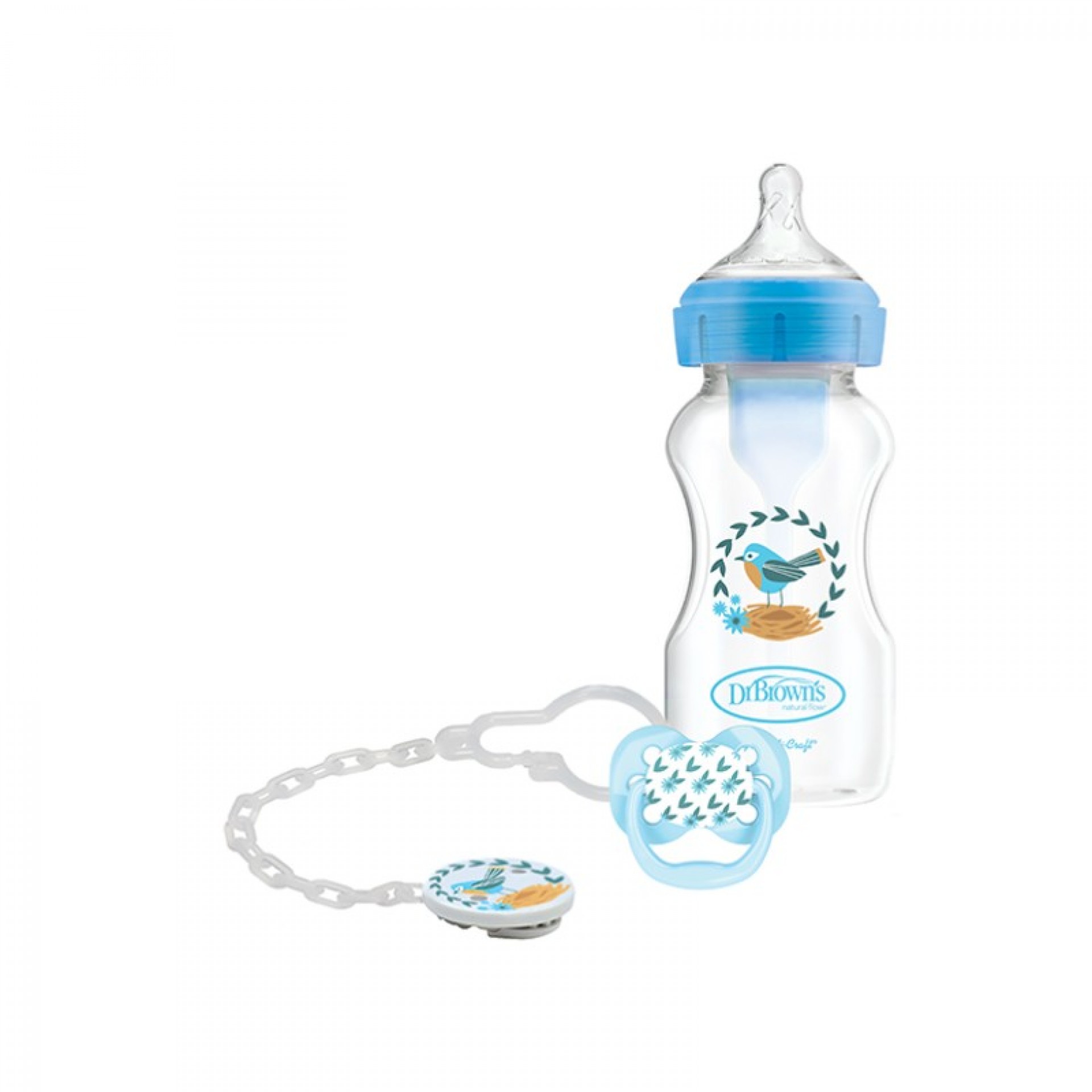 Dr. Brown's Options+ Wide-Neck Anti-Colic Bottle 270ml + Soother 0-6m + Blue Clip Set