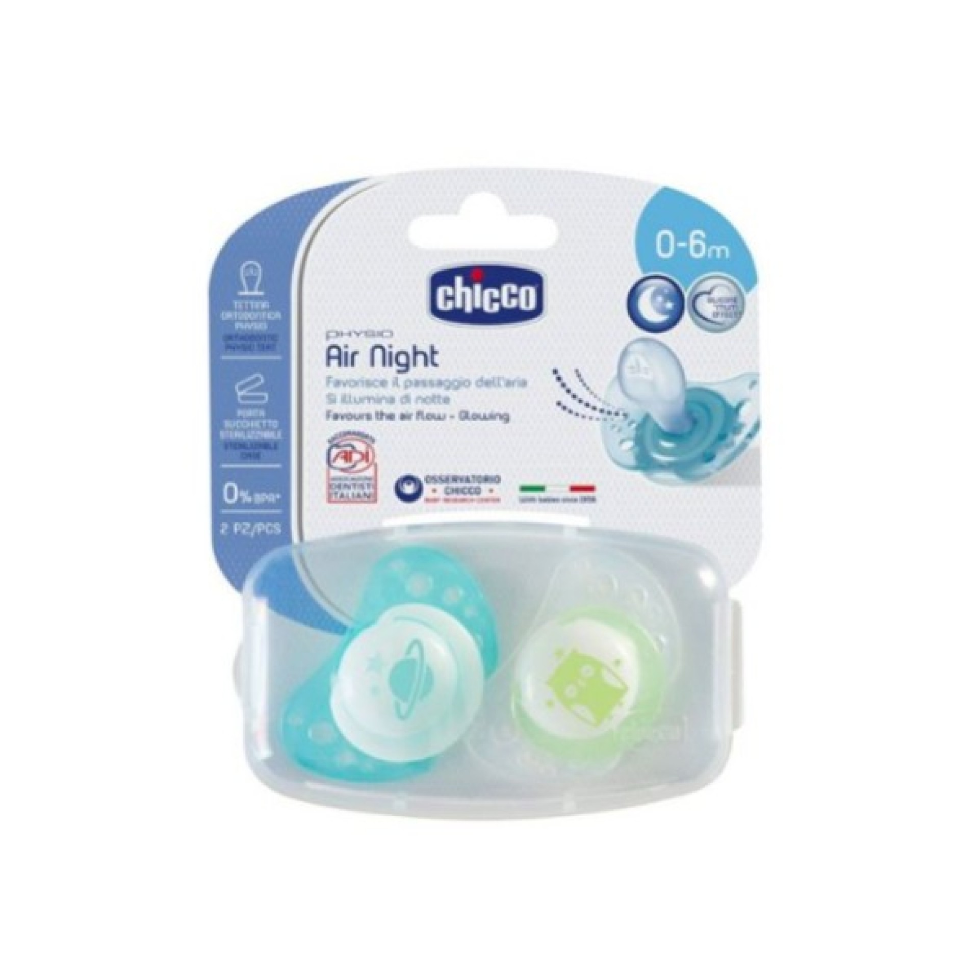 Chicco Physio Air Silicone Soother 0-6M Glow in the Dark 2 Units